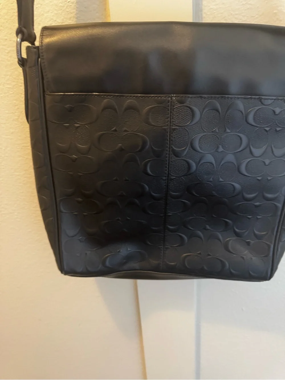 Coach Black Leather Messenger Bag with Signature Trim